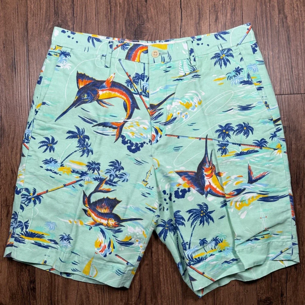 Polo Ralph Lauren Linen Shorts Mens 32 Mint Green Swordfish Marlin Boat Palm Sea